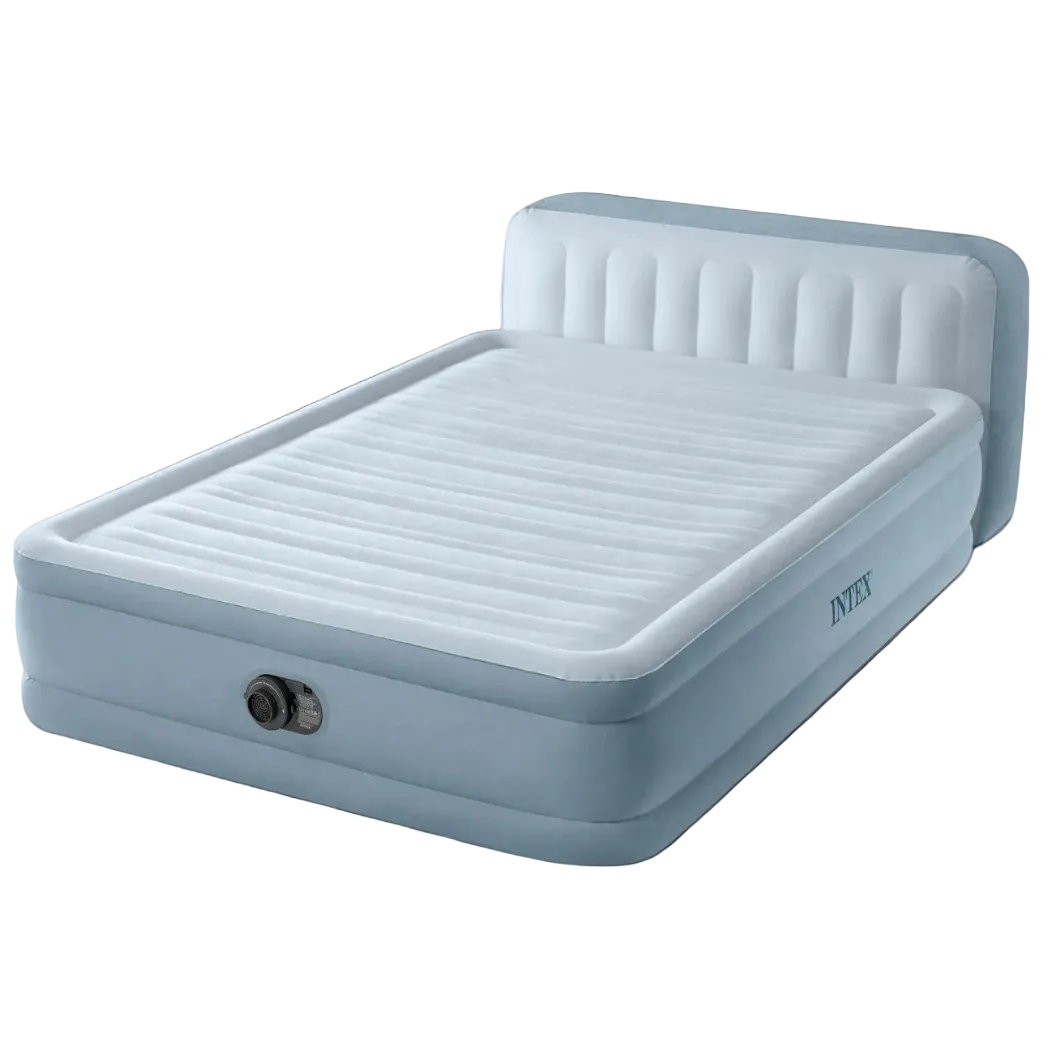 Inflatable bed with headboard on a transparent background, featuring the Intex brand.