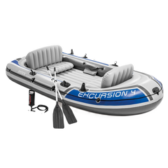 Excursion Inflatable Boat Set: Includes Deluxe 54in Aluminum Oars and High-Output-Pump – Adjustable Seats with Backrest – Fishing Rod Holders – 4 & 5-Person
