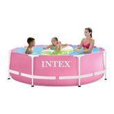 Intex Pink Metal Frame swimming pool with people playing inside