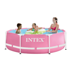 Intex Pink Metal Frame swimming pool with people playing inside