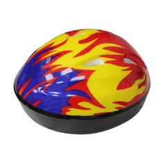 Colorful flame-patterned protective helmet on a transparent background