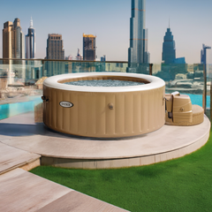 Tan colored Intex Spa in the balcony with Burj Khalifa in the background.