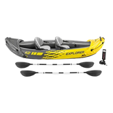 Yellow and gray inflatable kayak with paddles and pump with a transparent background