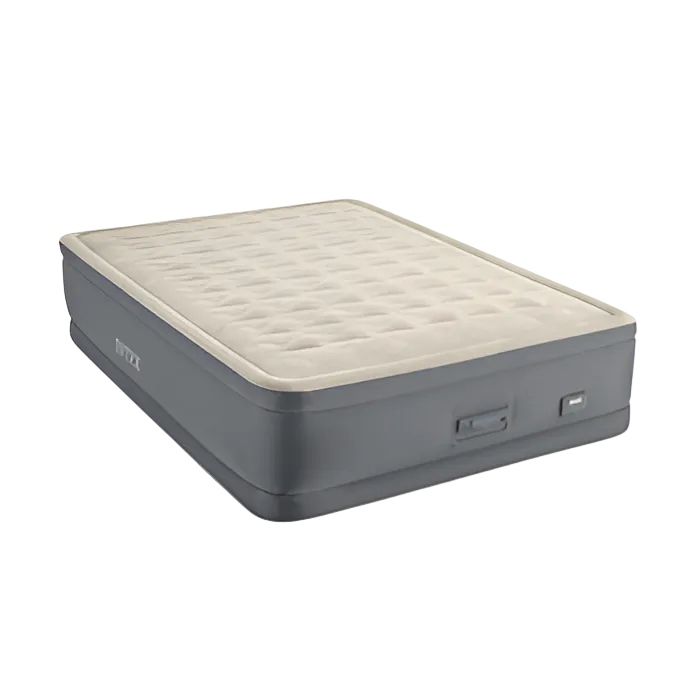 Inflatable air mattress with gray exterior and beige interior on a white background