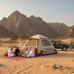Group of people camping in the desert with mountains in the background