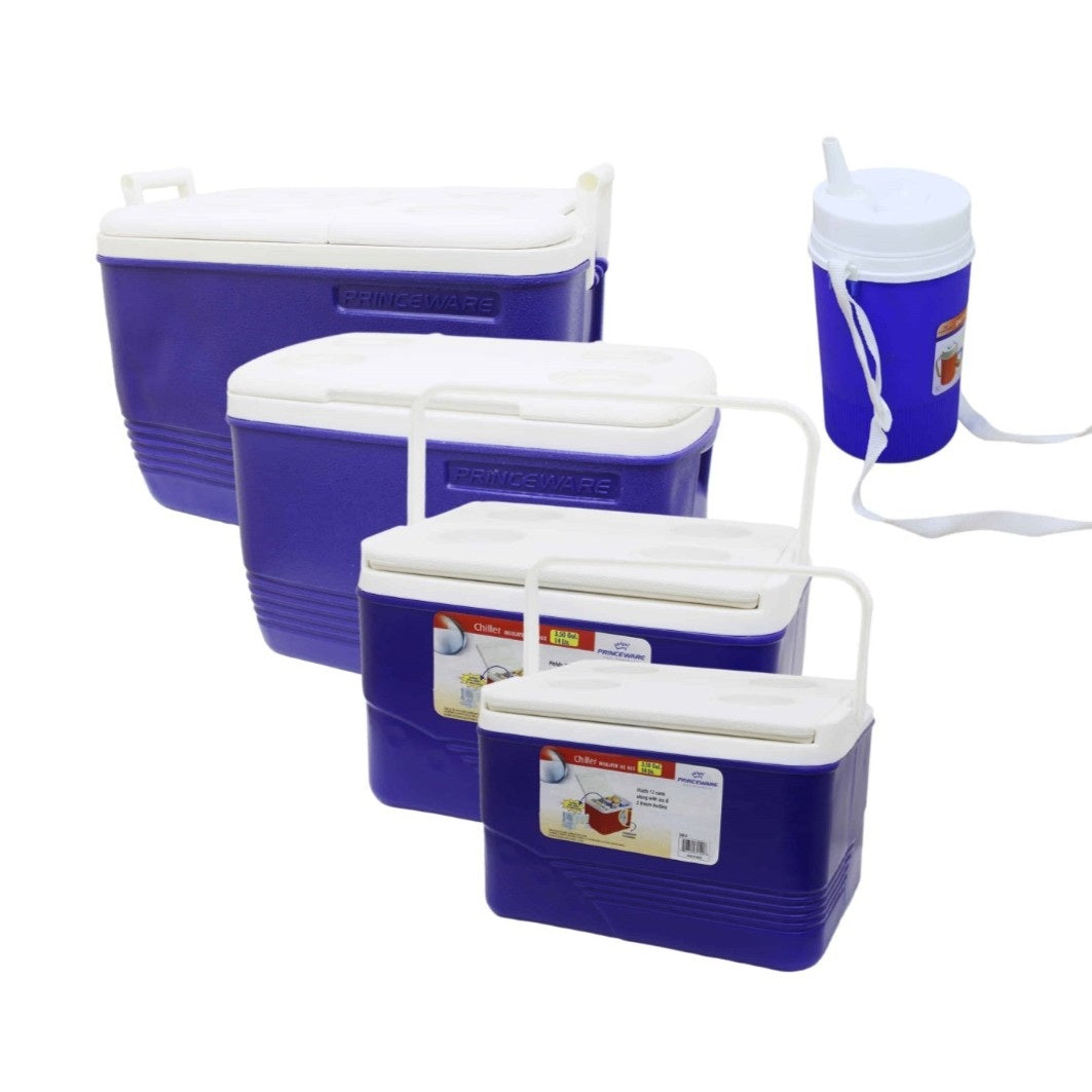 PRINCEWARE Blue Ice Box 5 pc SET with Side Handles, Lid Lock & 6-Glass Holder - 3497C3 - 60L + 30L + 14L + 6L + 1.25L