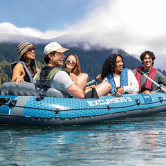 Excursion Inflatable Boat Set: Includes Deluxe 54in Aluminum Oars and High-Output-Pump – Adjustable Seats with Backrest – Fishing Rod Holders – 4 & 5-Person