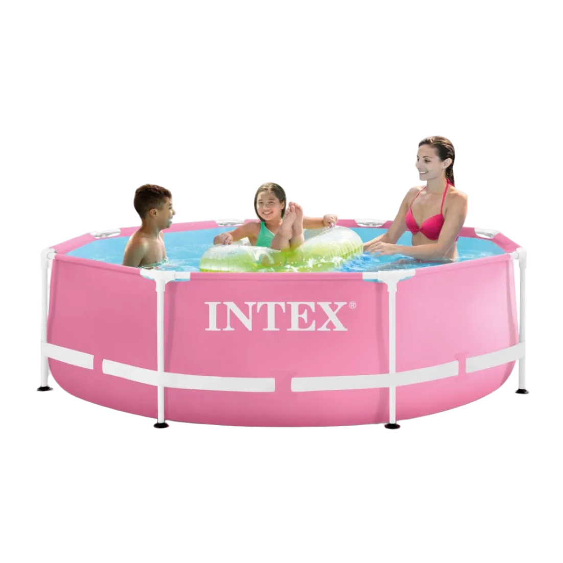 Intex Pink Metal Frame swimming pool with people playing inside
