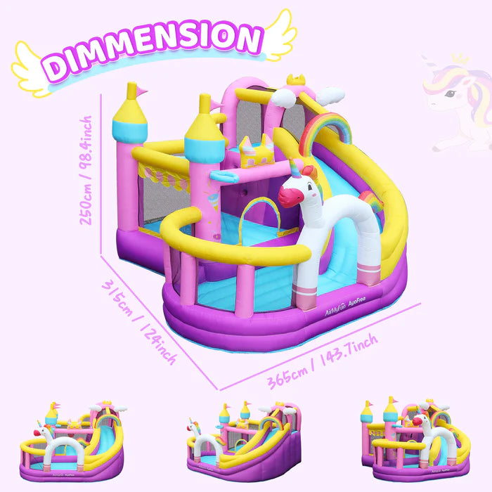 Flobo Bouncy House Castle with rainbow colored unicorn for kids 365 x 315 x 250cm