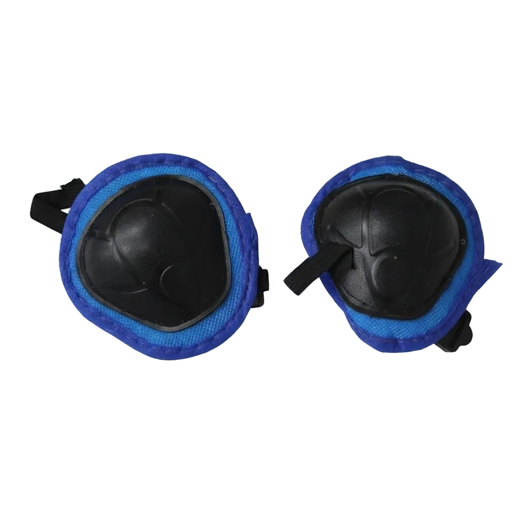 Pair of blue and black elbow pads with blue straps on a transparent background