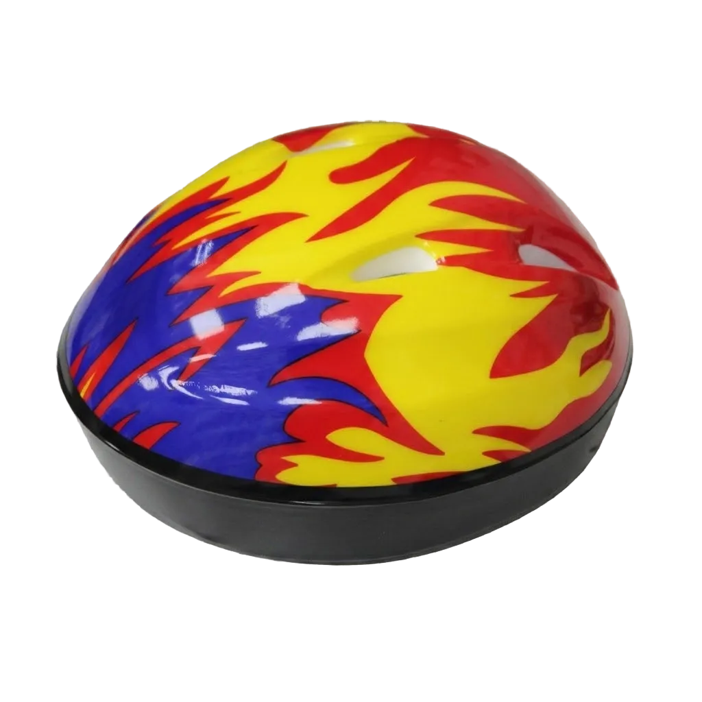 Colorful flame-patterned protective helmet on a transparent background
