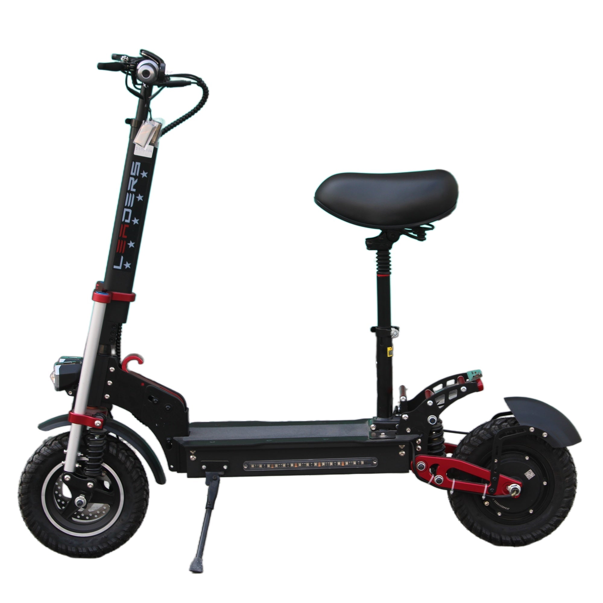 Black electric scooter with a seat on a white background