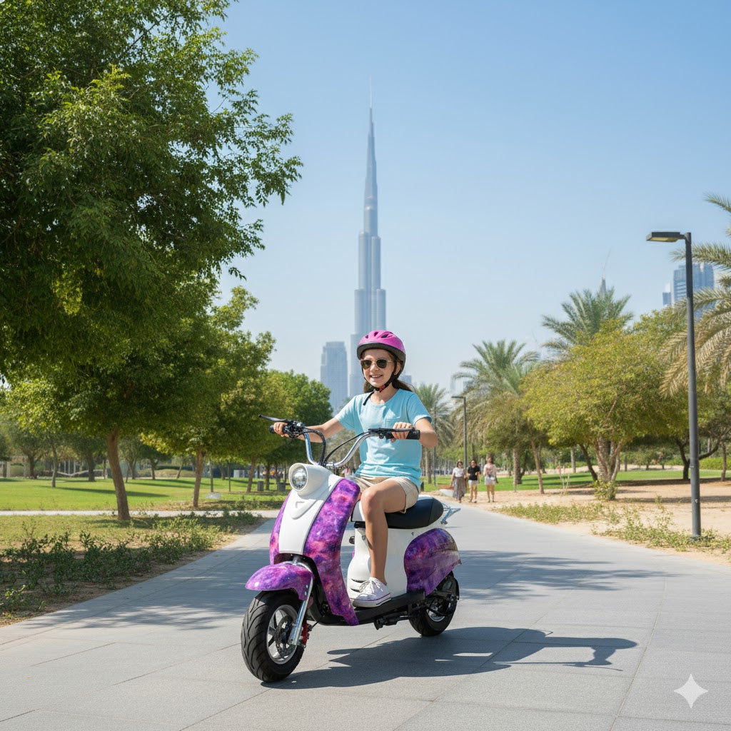 Person riding the purple Vloomi electric scooter (Moped) in a park with the iconic Burj Khalifa in the background
