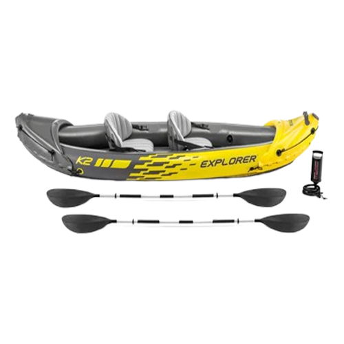Yellow and gray inflatable kayak with paddles and pump with a transparent background