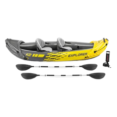 Yellow and gray inflatable kayak with paddles and pump with a transparent background