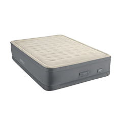 Inflatable air mattress with gray exterior and beige interior on a white background